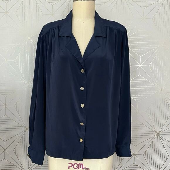Vintage Sophisticates by Jonathan Martin Navy Blue Button down Blouse Flowy - Picture 1 of 12